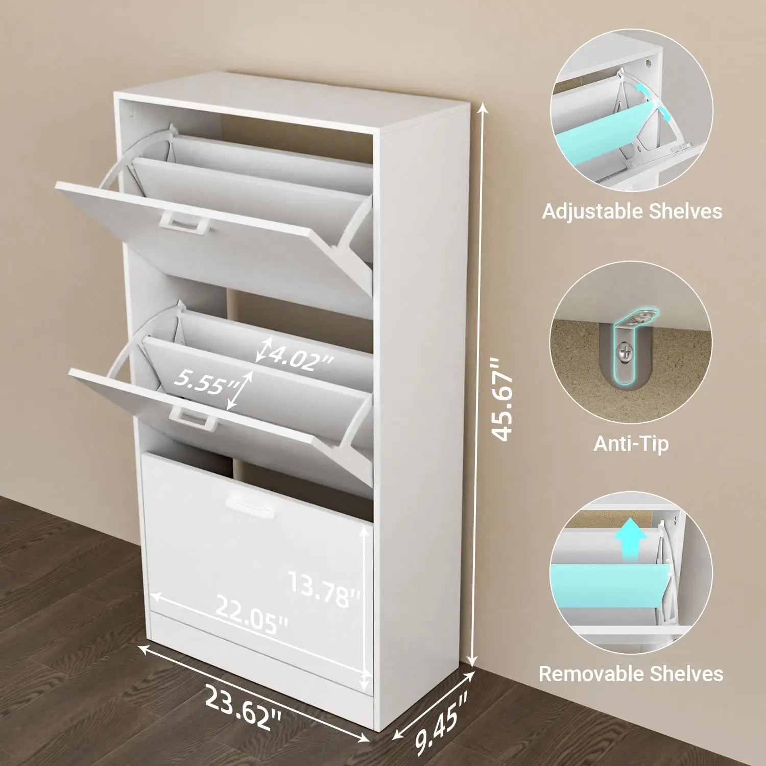 Shoe Cabinet with 2 or 3 Flip Drawers, Hidden Slim Freestanding Shoe Storage Cabinet, Narrow Freestanding Shoe Organizer