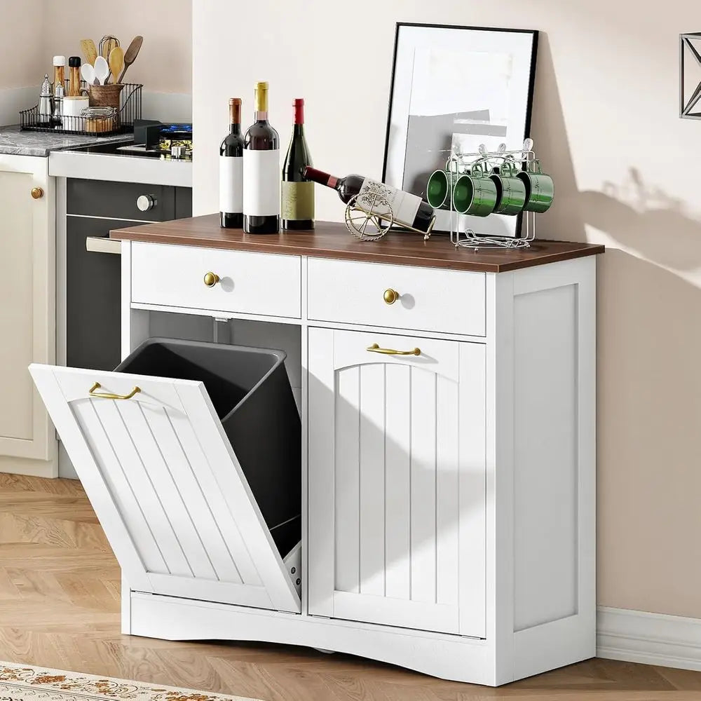 Dual Deck Trash Bin Cabinet, Concealed Waste Storage for Kitchen or Laundry, White and Walnut