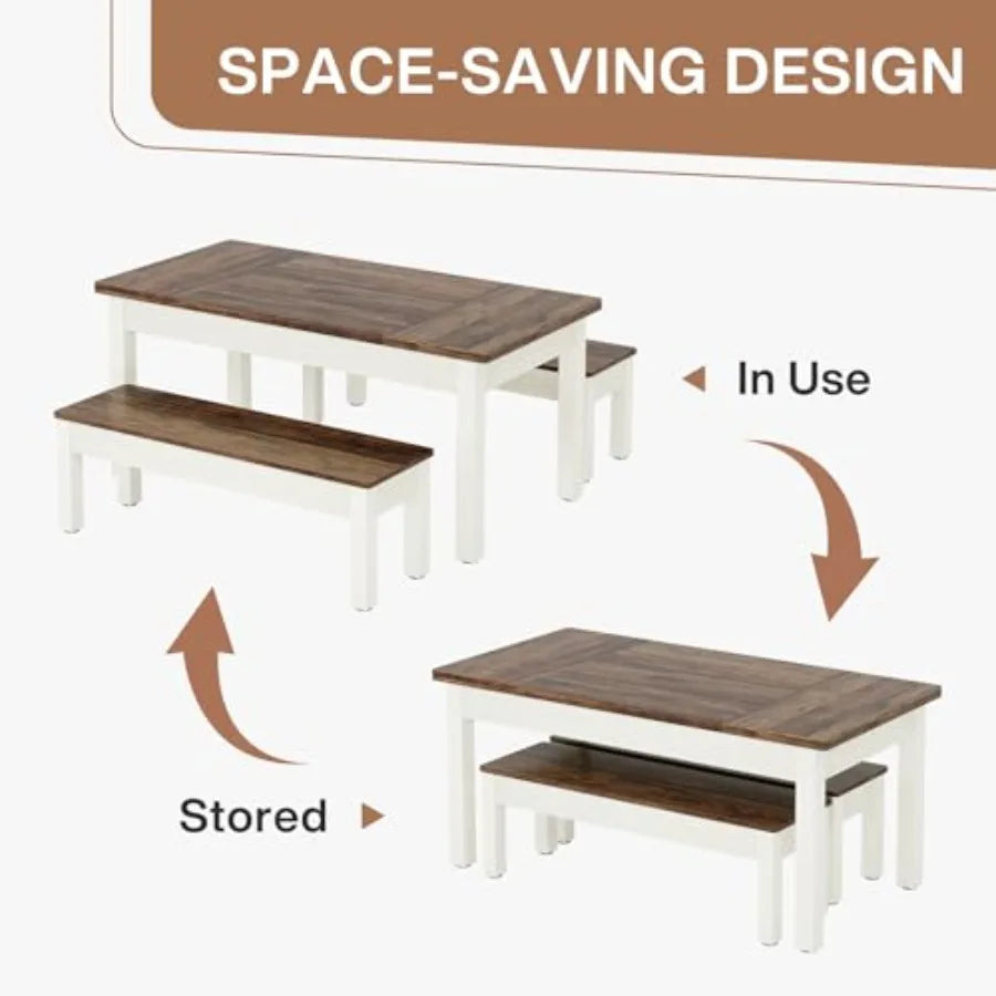 Farmhouse Kitchen Table Set for 4-6, 55-Inch Wooden Dining Table with 2 Benches, Space Saving 3 Pieces Heavy Duty Dinette