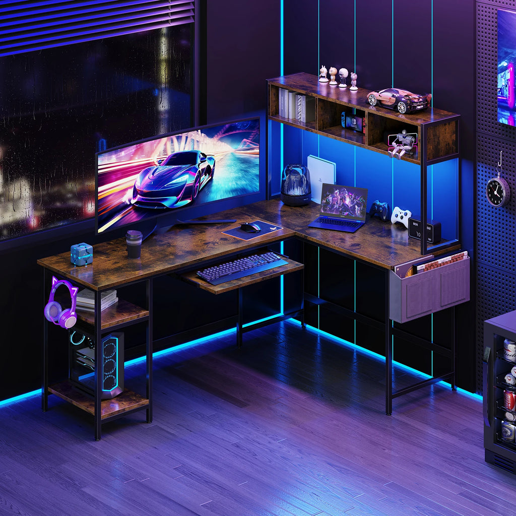 L Shaped Standing Office Computer Desk with LED Lighting Ergonomic Reversible Computer Desks Gaming Table for Home Office Use Workstation