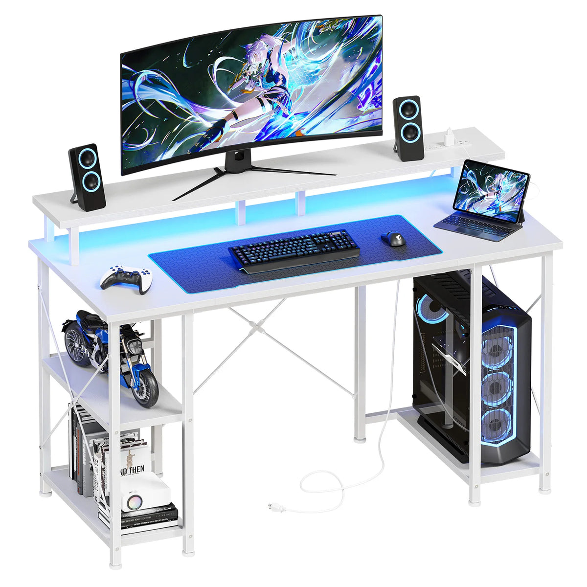 48 Inch Computer Desk with with Shelves Storage Drawers Office Wood Table with LED Lights Power Outlets Gaming Desk