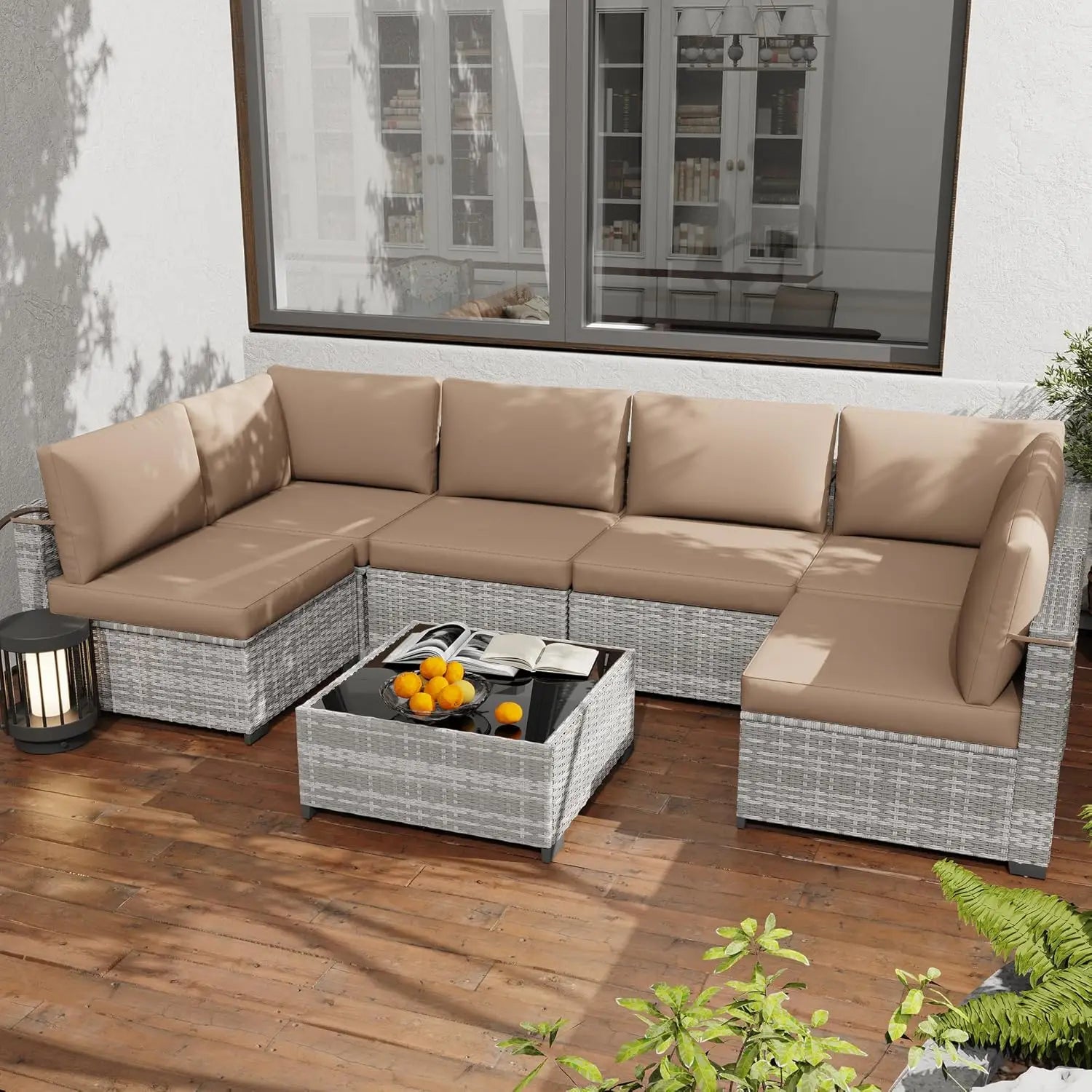 7-Piece All-Weather Rattan Patio Furniture Set Outdoor Modular Wicker Sectional Sofa