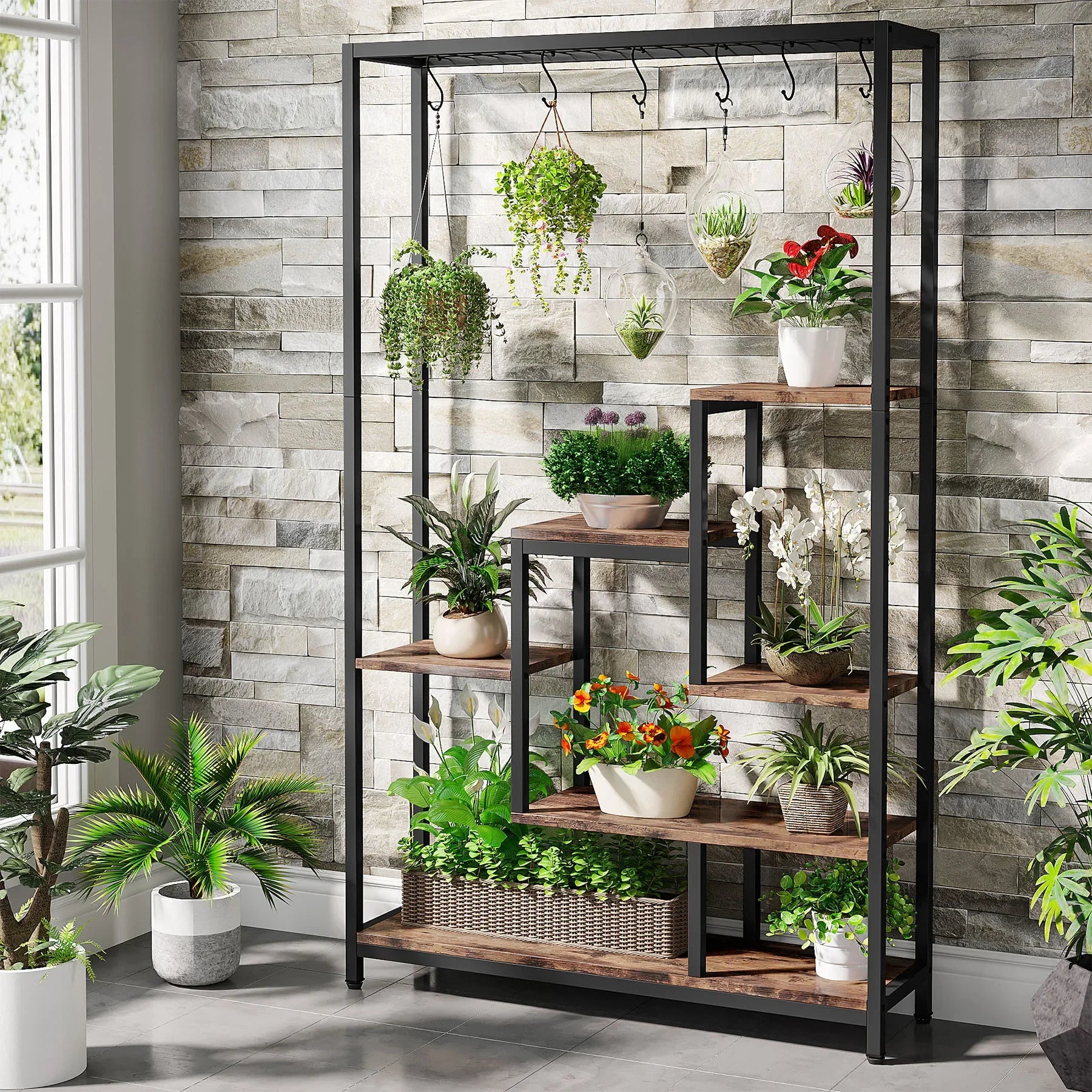 5 Tiers Tall Indoor Plant Stand 70.9 inches Large Metal Plant Shelf with 10 PC S Hanging Hooks for Garden