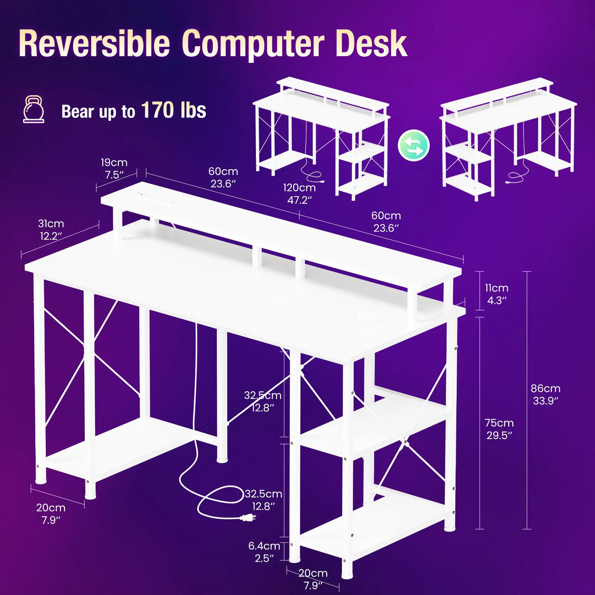 48 Inch Computer Desk with with Shelves Storage Drawers Office Wood Table with LED Lights Power Outlets Gaming Desk