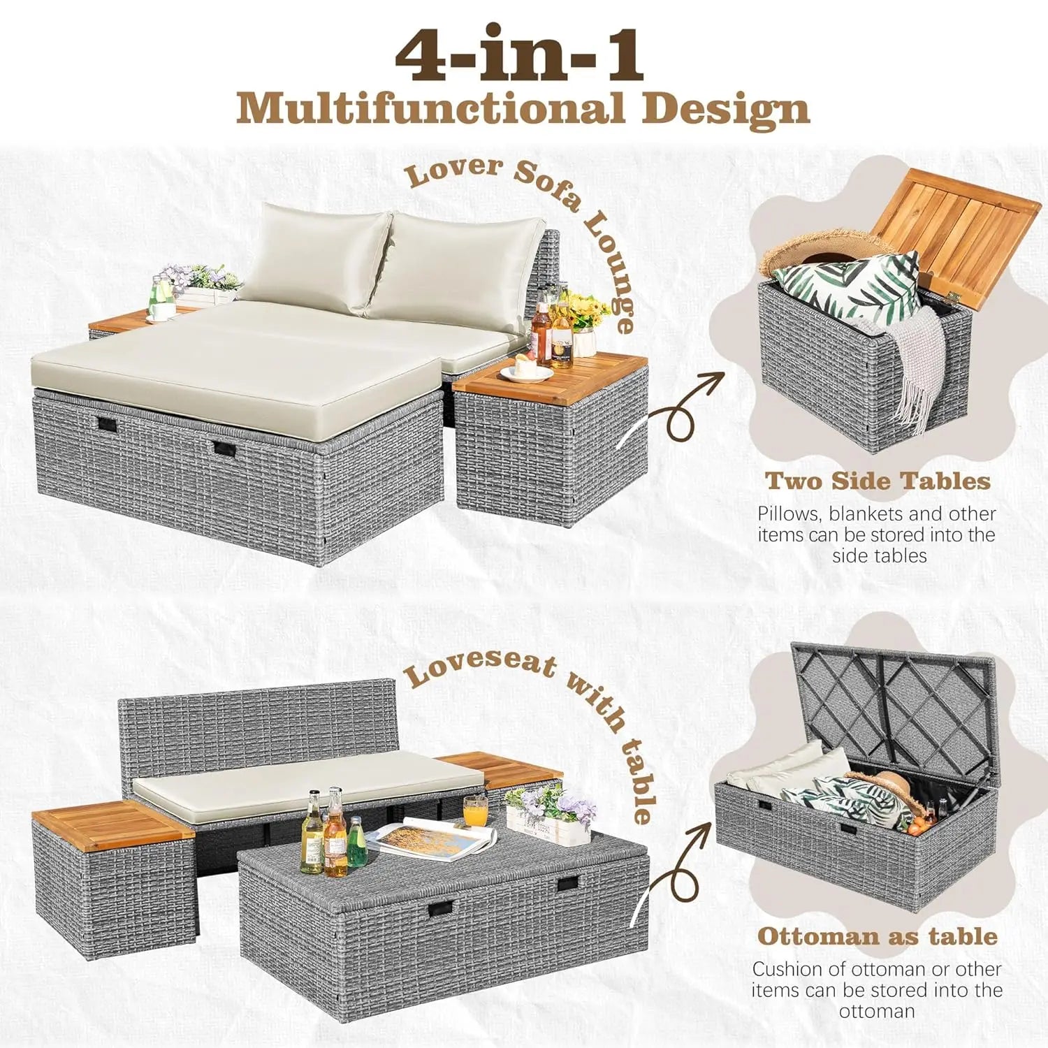 Outdoor Rattan Daybed with 2 Side Tables, with Storage Ottoman