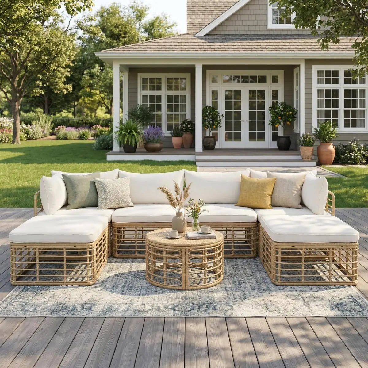 7 Pieces Outdoor Patio Furniture, All-Weather Rattan Sectional Sofa Set with Thick Cushions and Pillows, Freely Combined Conversation Sets for Garden, Backyard, Balcony, Brown
