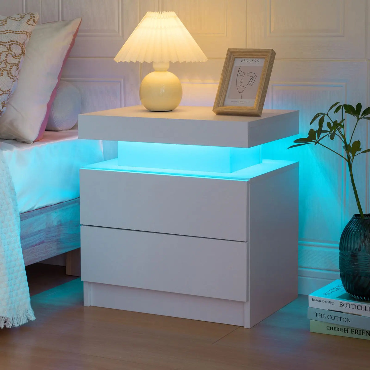 Cube LED Nightstands with 2 Drawers, End Table with RGB LED Lights for Bedroom Living Room, White Bedside Table