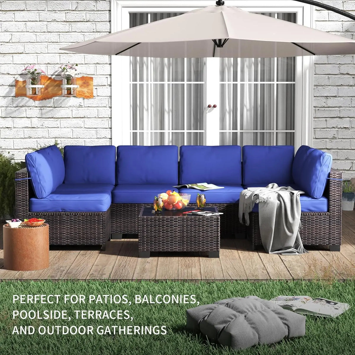 7-Piece Modular Outdoor Furniture Set, PE Rattan Wicker Sectional Modular Conversation Sofa Set