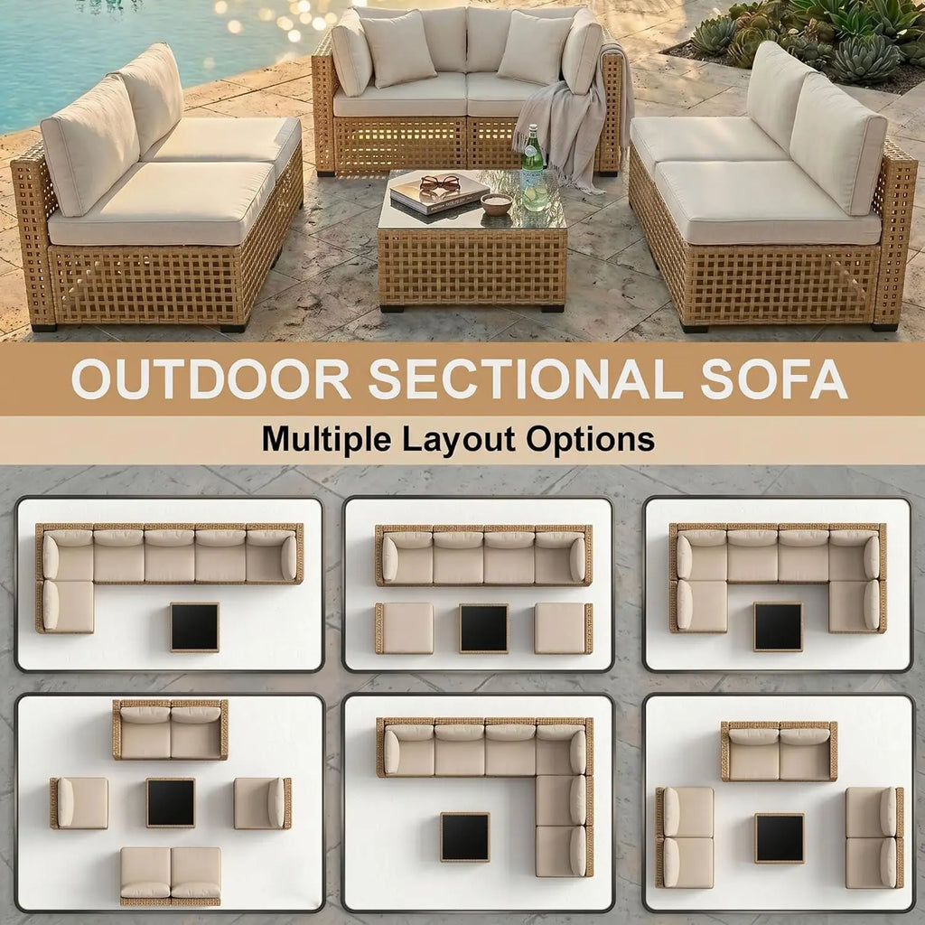 7-Piece All-Weather Rattan Patio Furniture Set Outdoor Modular Wicker Sectional Sofa