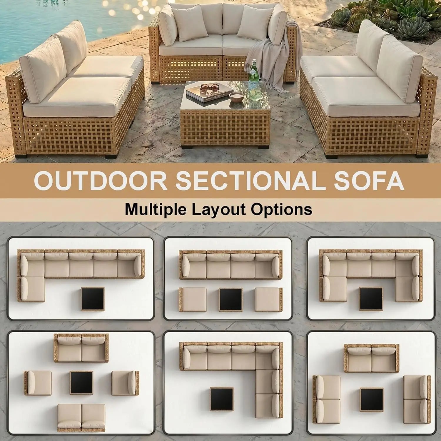 7-Piece All-Weather Rattan Patio Furniture Set Outdoor Modular Wicker Sectional Sofa