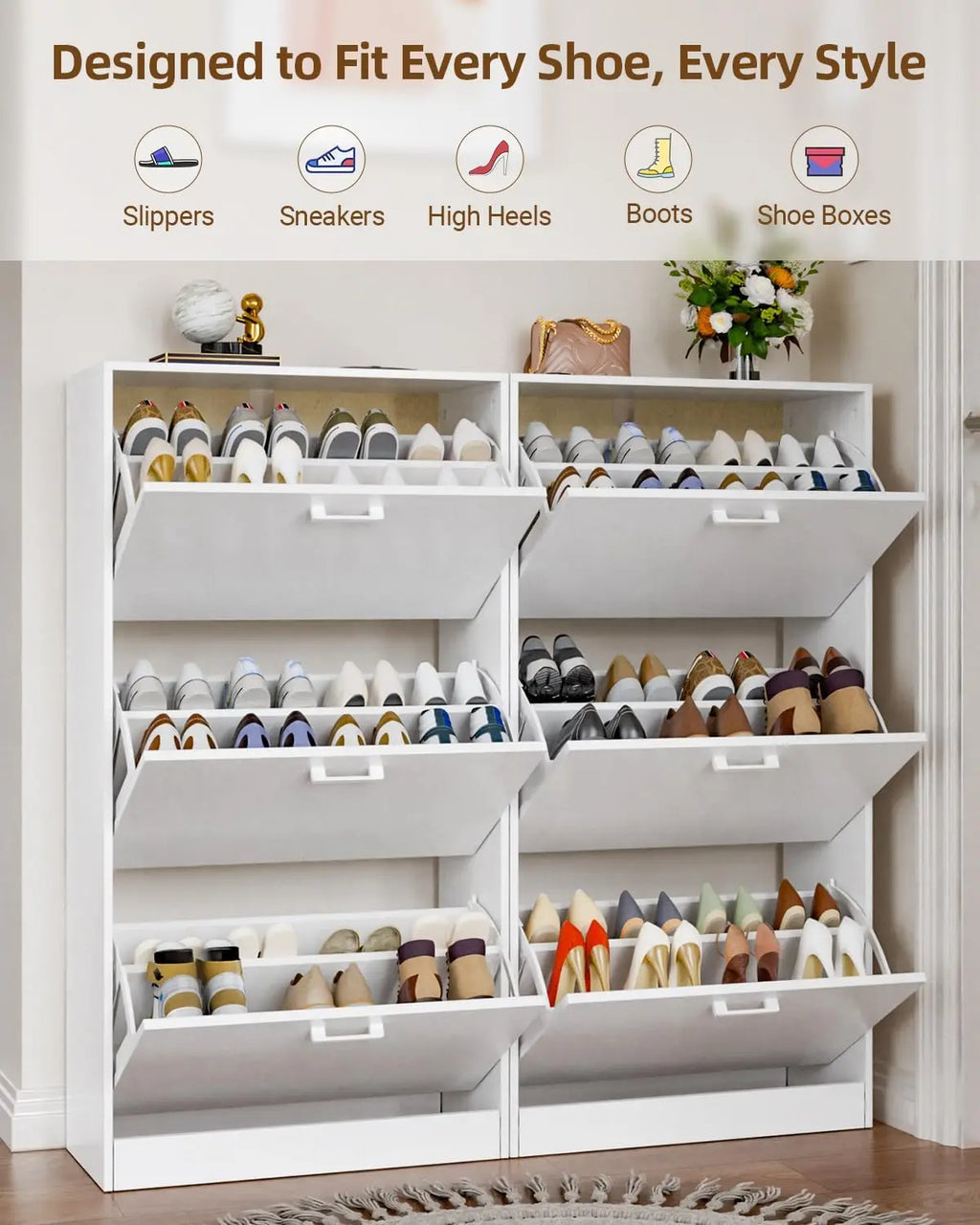 Shoe Cabinet with 2 or 3 Flip Drawers, Hidden Slim Freestanding Shoe Storage Cabinet, Narrow Freestanding Shoe Organizer