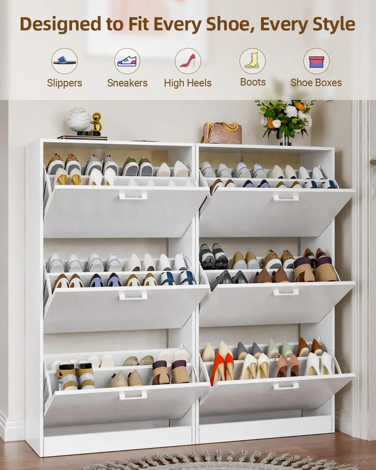 Shoe Cabinet with 2 or 3 Flip Drawers, Hidden Slim Freestanding Shoe Storage Cabinet, Narrow Freestanding Shoe Organizer