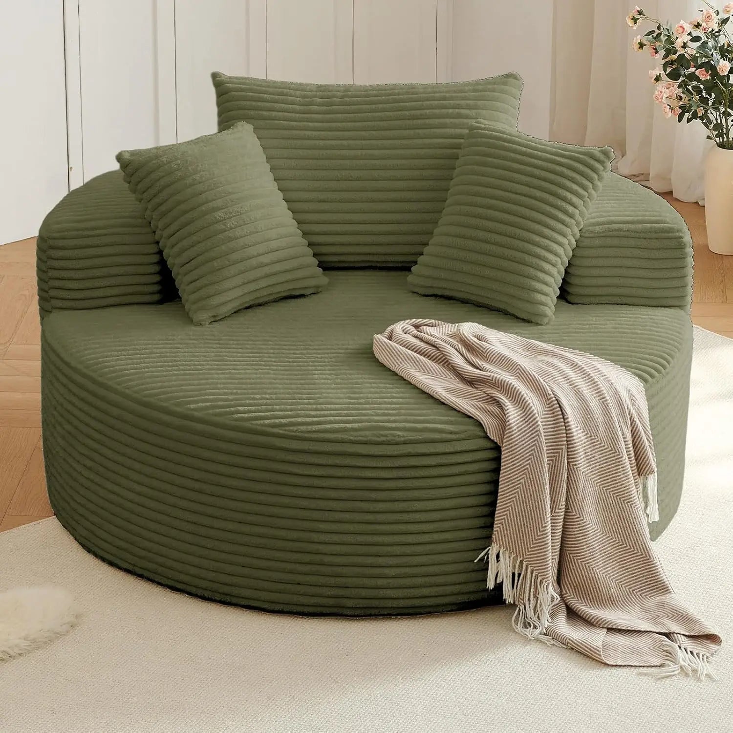 Oversized Round Chair Lounge Chaise, Upholstered Corduroy Deep Seat Cloud Large Circle Sofa Chair.