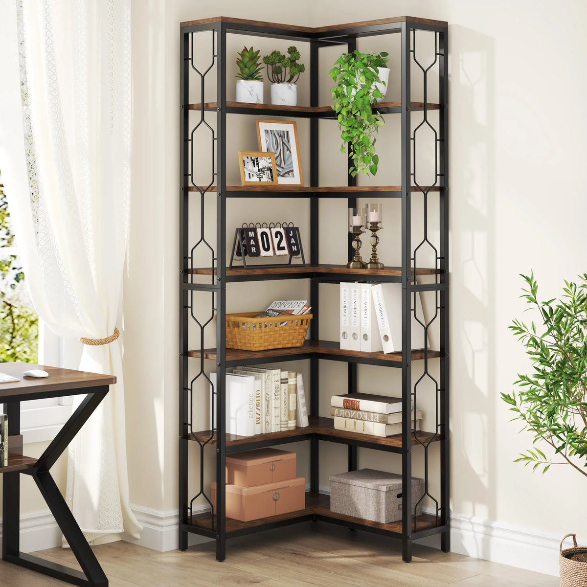 Corner Shelf, 7-Tier Industrial Corner Bookshelf, Wood and Metal Corner Etagere Bookcase, Freestanding Display Shelf