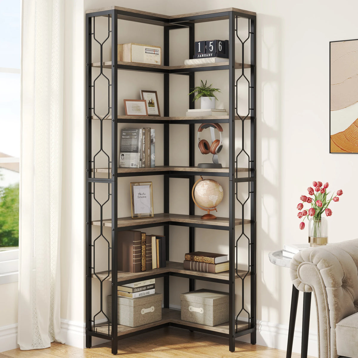 Corner Shelf, 7-Tier Industrial Corner Bookshelf, Wood and Metal Corner Etagere Bookcase, Freestanding Display Shelf