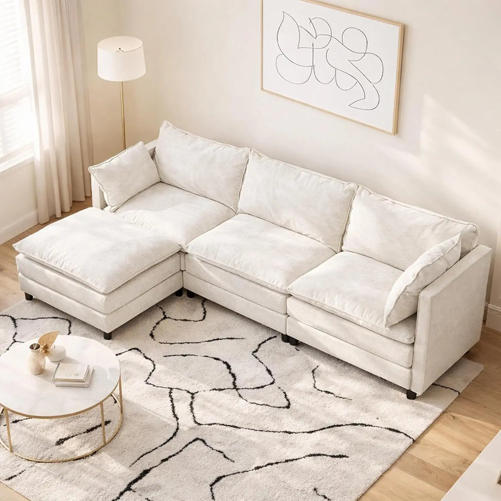108" L Shaped Couch, Modular Sectional Sofa, Chenille Cloud Couch with Movable Ottoman, 3 Deep Seat Small Sectional,