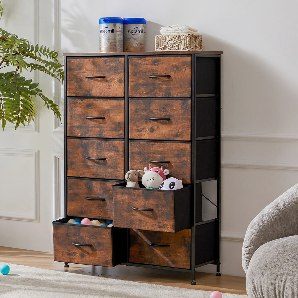 JHK Bedside Table For Bedroom With 10 Fabric Drawers