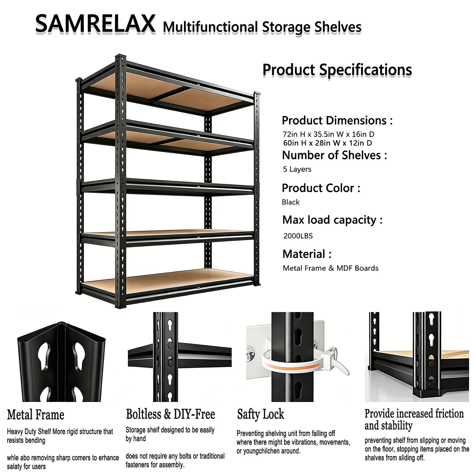 2000LBS Garage Shelving 5 Tier Storage Shelves , Adjustable Metal Shelving Unit