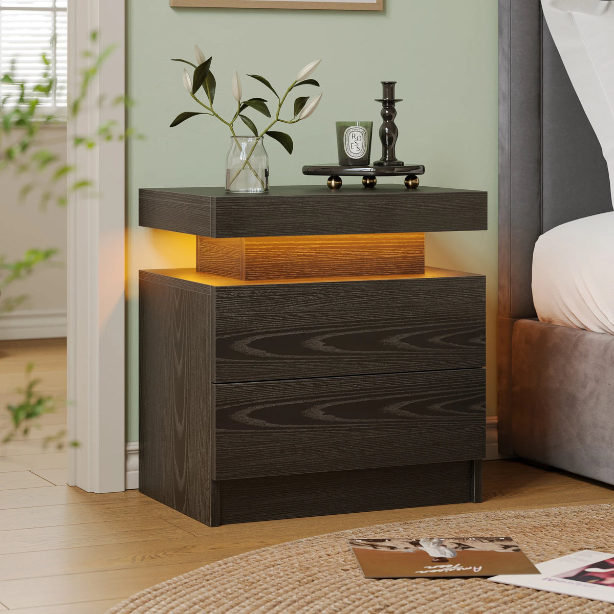 Cube LED Nightstands with 2 Drawers, End Table with RGB LED Lights for Bedroom Living Room, White Bedside Table