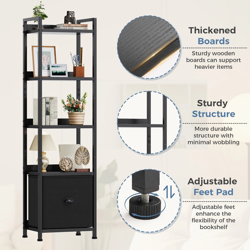 4-5 Tier Bookshelf with Fabric Drawer Standing Open Book Shelf Organizer Wood and Metal Storage Shelf Organizer in Living Room Bedroom