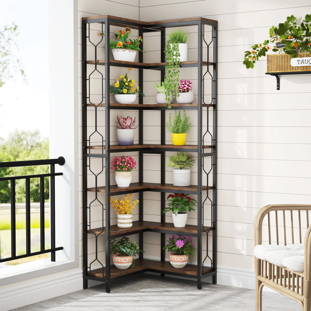 Corner Shelf, 7-Tier Industrial Corner Bookshelf, Wood and Metal Corner Etagere Bookcase, Freestanding Display Shelf