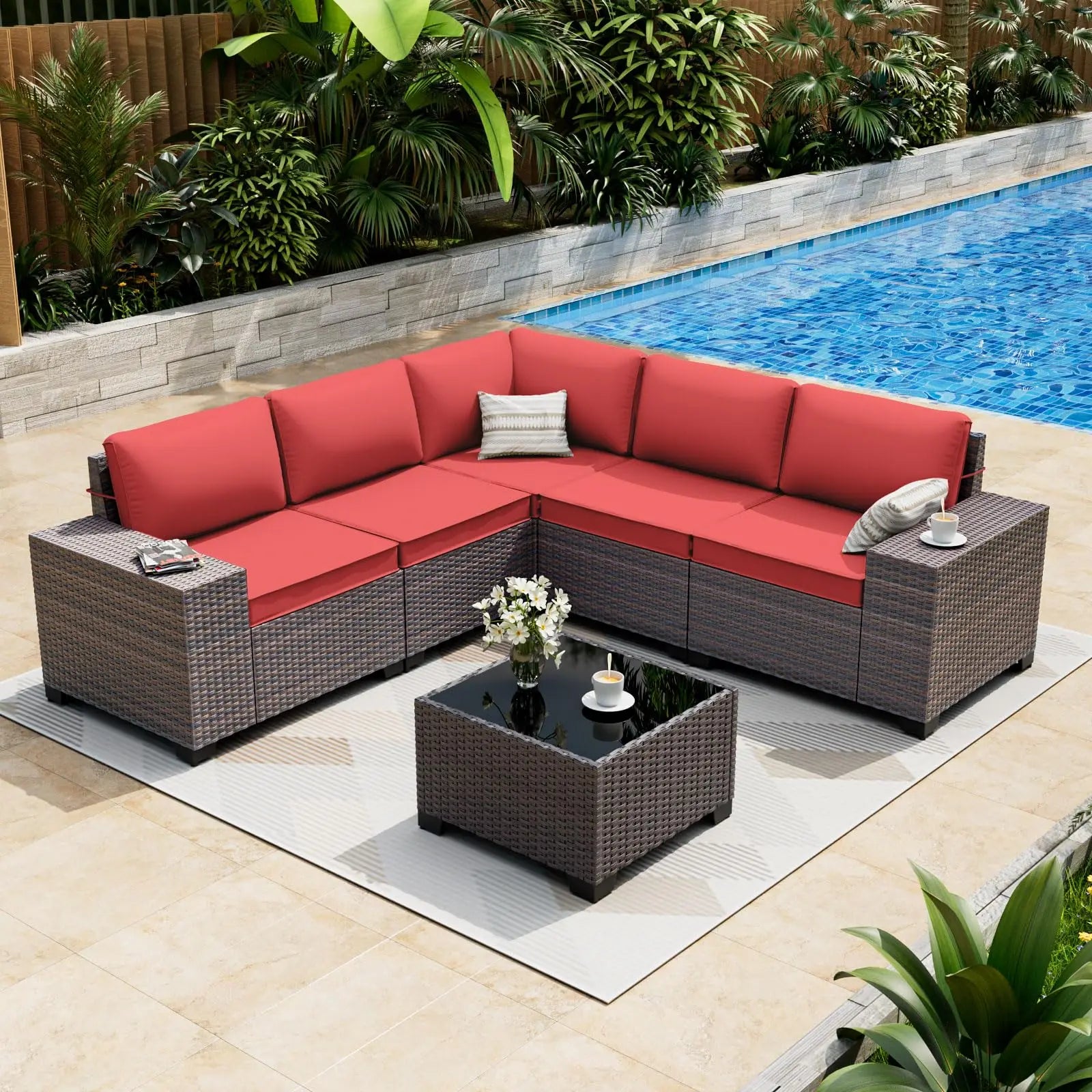 6 Pieces Patio Furniture Set, Oversized Seat/Armrest and High Back Wicker Sectional
