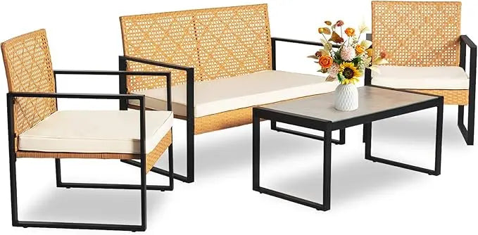 4 Piece Outdoor Wicker Conversation Furniture Set