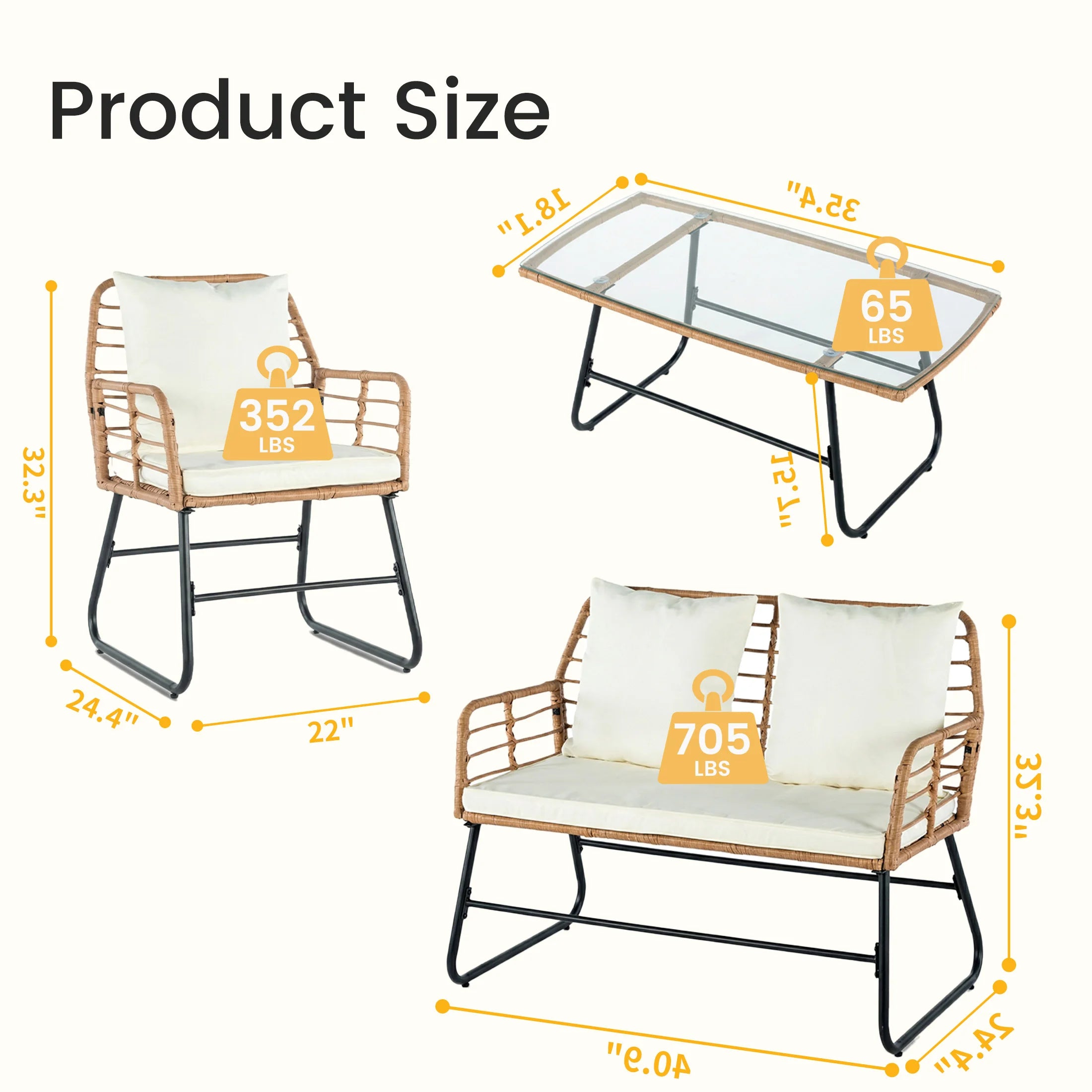 Outdoor Wicker Patio Furniture Set 4 Pieces with Soft Cushion and Glass.