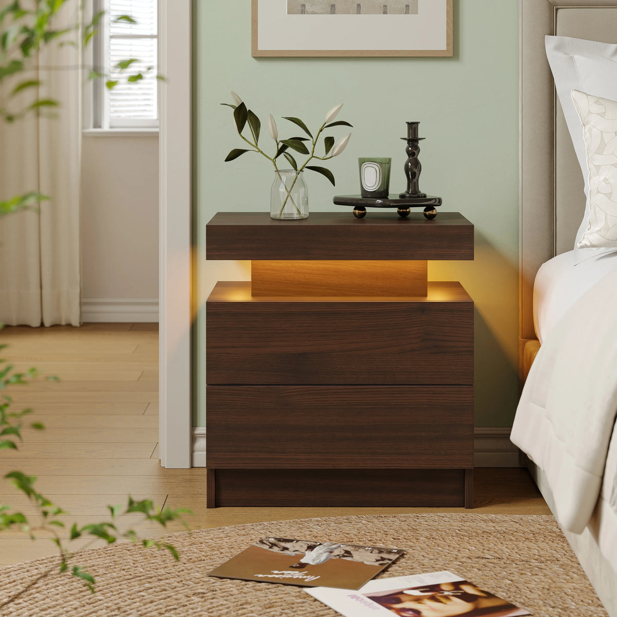 Cube LED Nightstands with 2 Drawers, End Table with RGB LED Lights for Bedroom Living Room, White Bedside Table