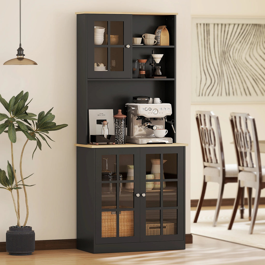 Kitchen Pantry Storage Cabinet, 72" Freestanding Cabinet with Hutch, Large Countertop, Glass Doors and Adjustable Shelves for Dining Room, Black