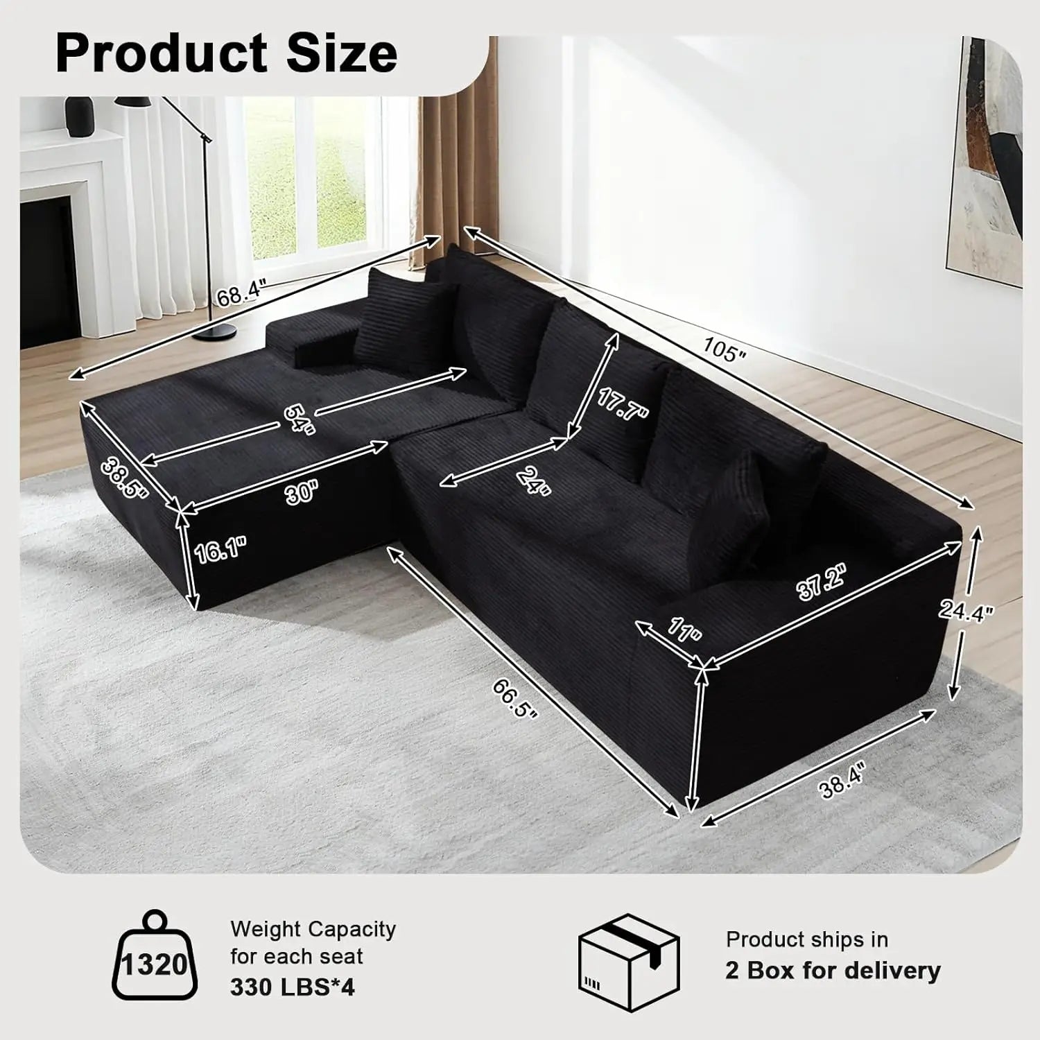 105" Cloud Modular Sectional Couch with L-Shape Chaise for Living Room, No Assembly