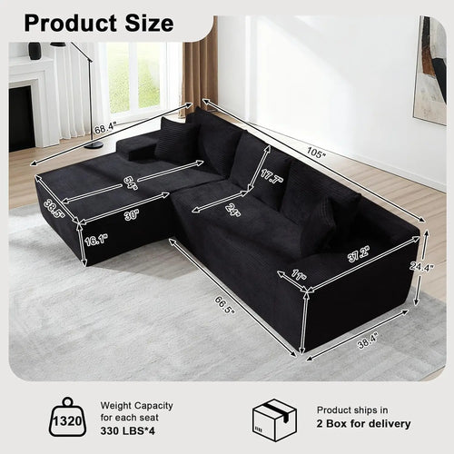 105" Cloud Modular Sectional Couch with L-Shape Chaise for Living Room, No Assembly