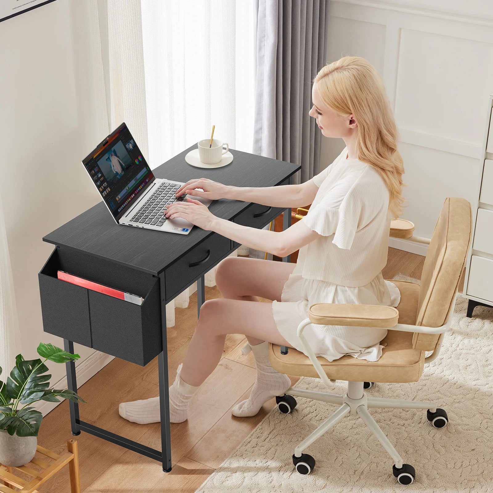 32 Inch Modern Office Computer Desk with Fabric Storage Drawers