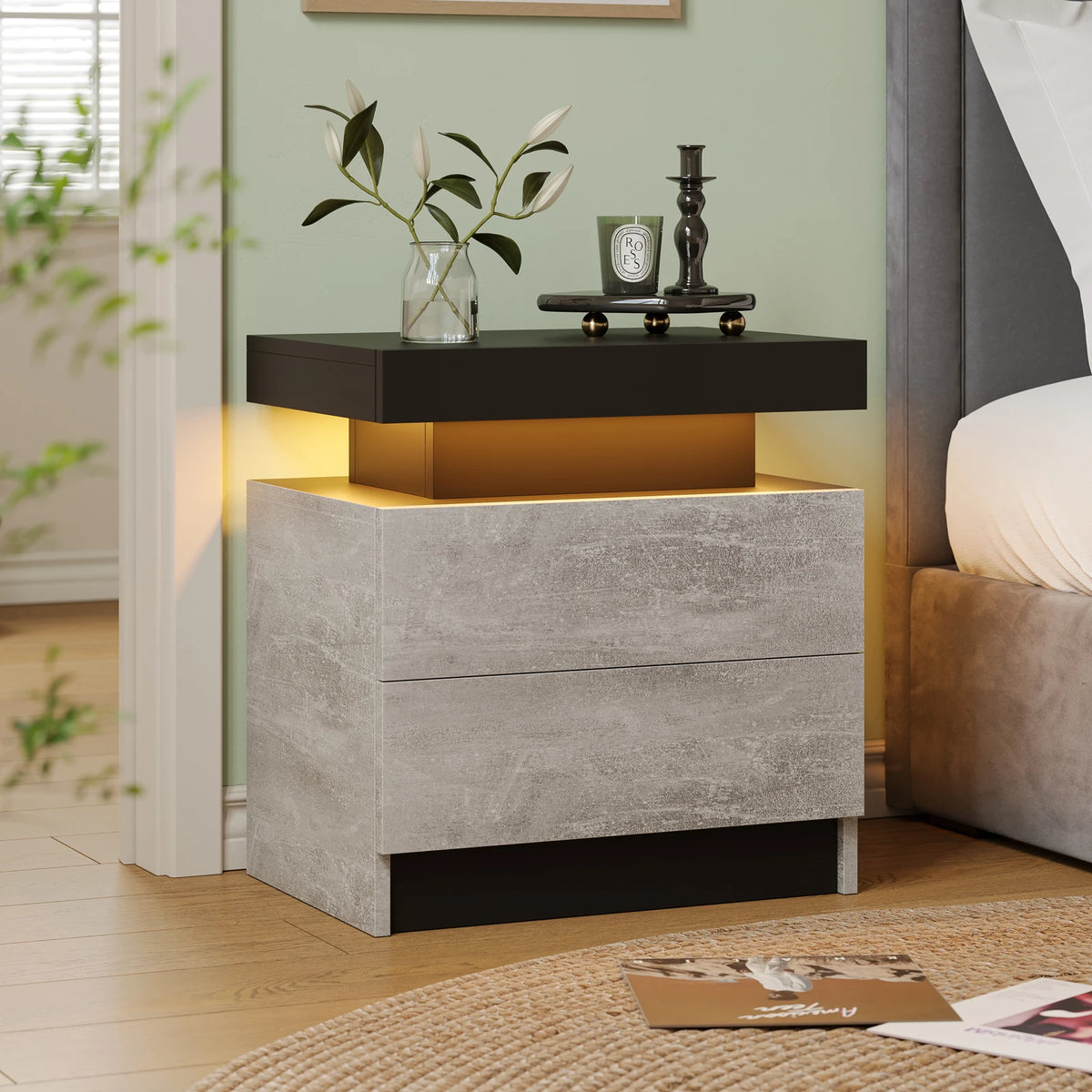 Cube LED Nightstands with 2 Drawers, End Table with RGB LED Lights for Bedroom Living Room, White Bedside Table