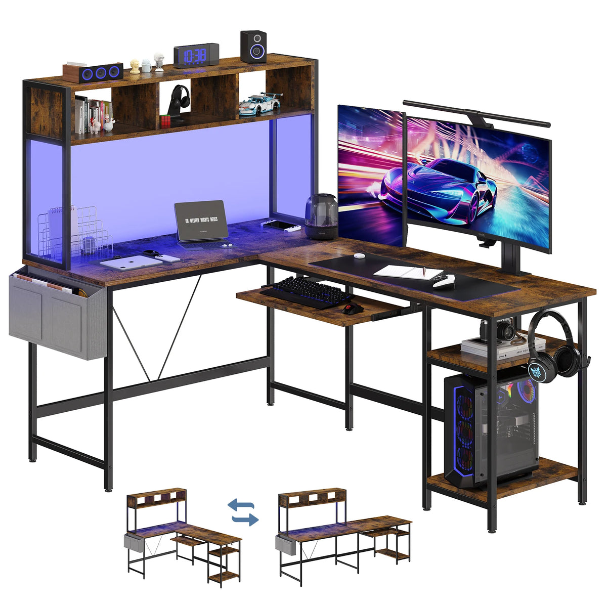 L Shaped Standing Office Computer Desk with LED Lighting Ergonomic Reversible Computer Desks Gaming Table for Home Office Use Workstation