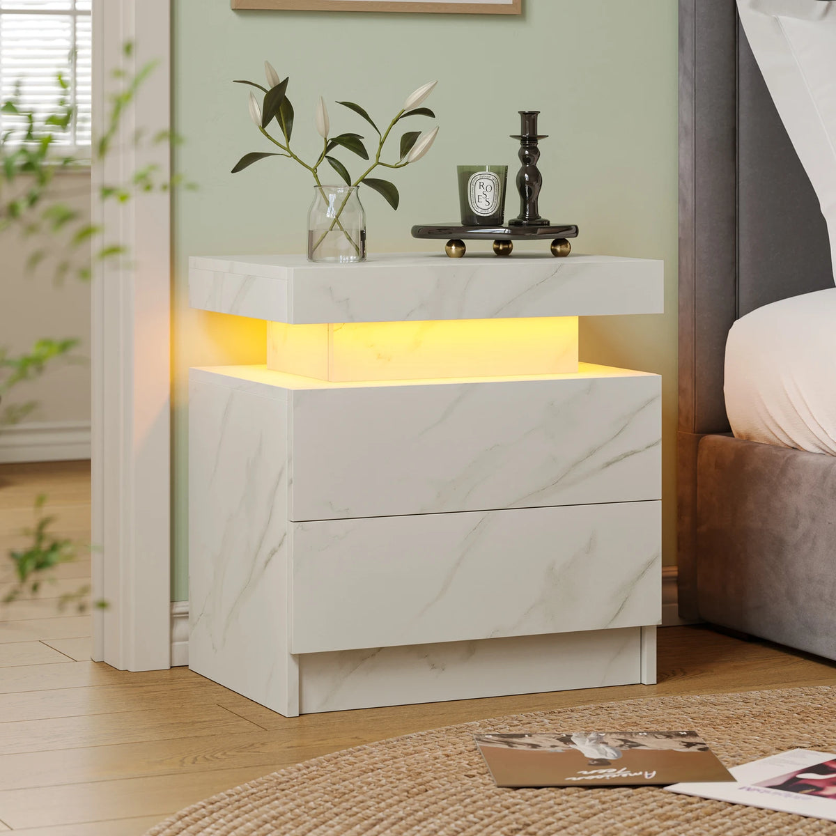 Cube LED Nightstands with 2 Drawers, End Table with RGB LED Lights for Bedroom Living Room, White Bedside Table