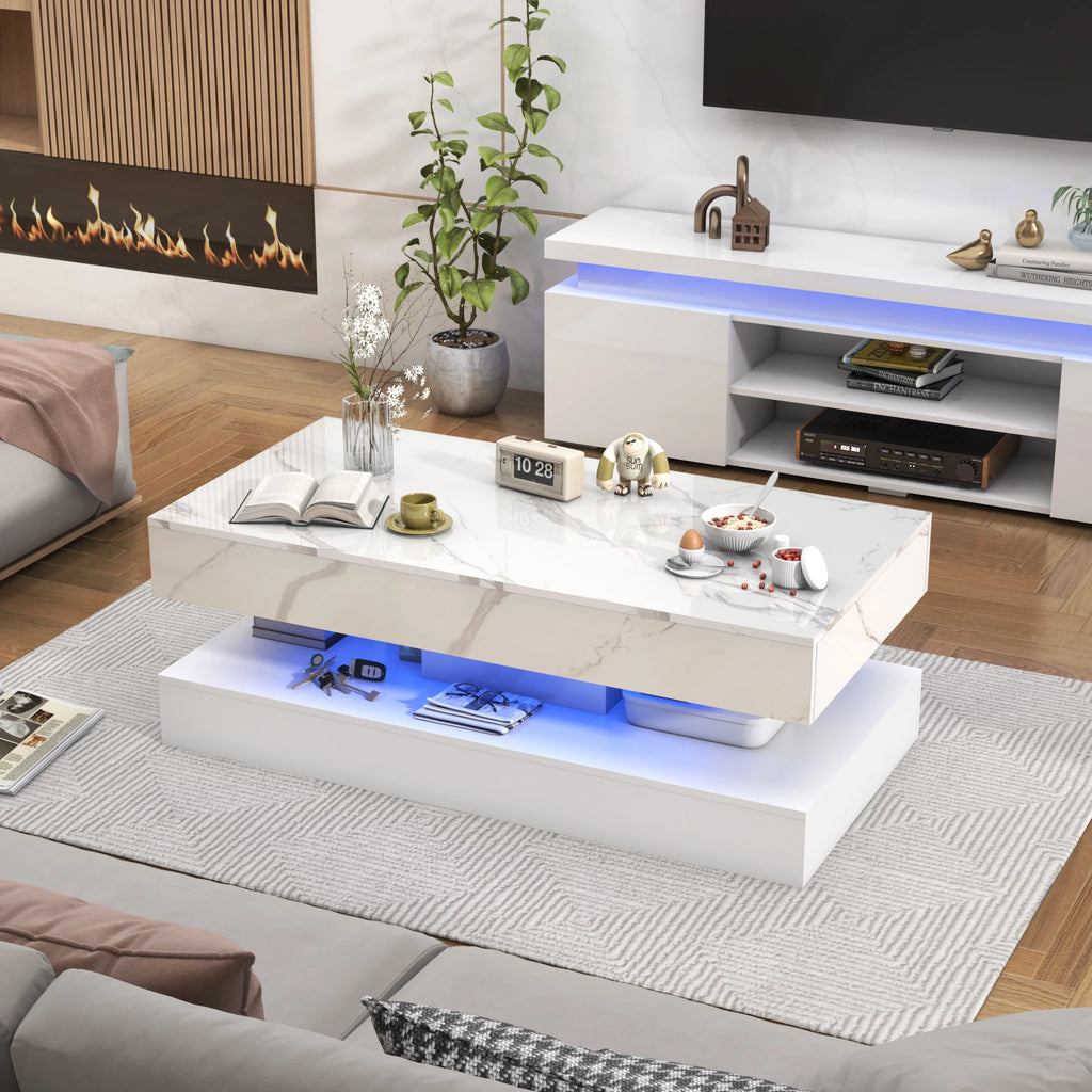 Modern Stylish Coffee Table with LED lights, Double-Layer Design