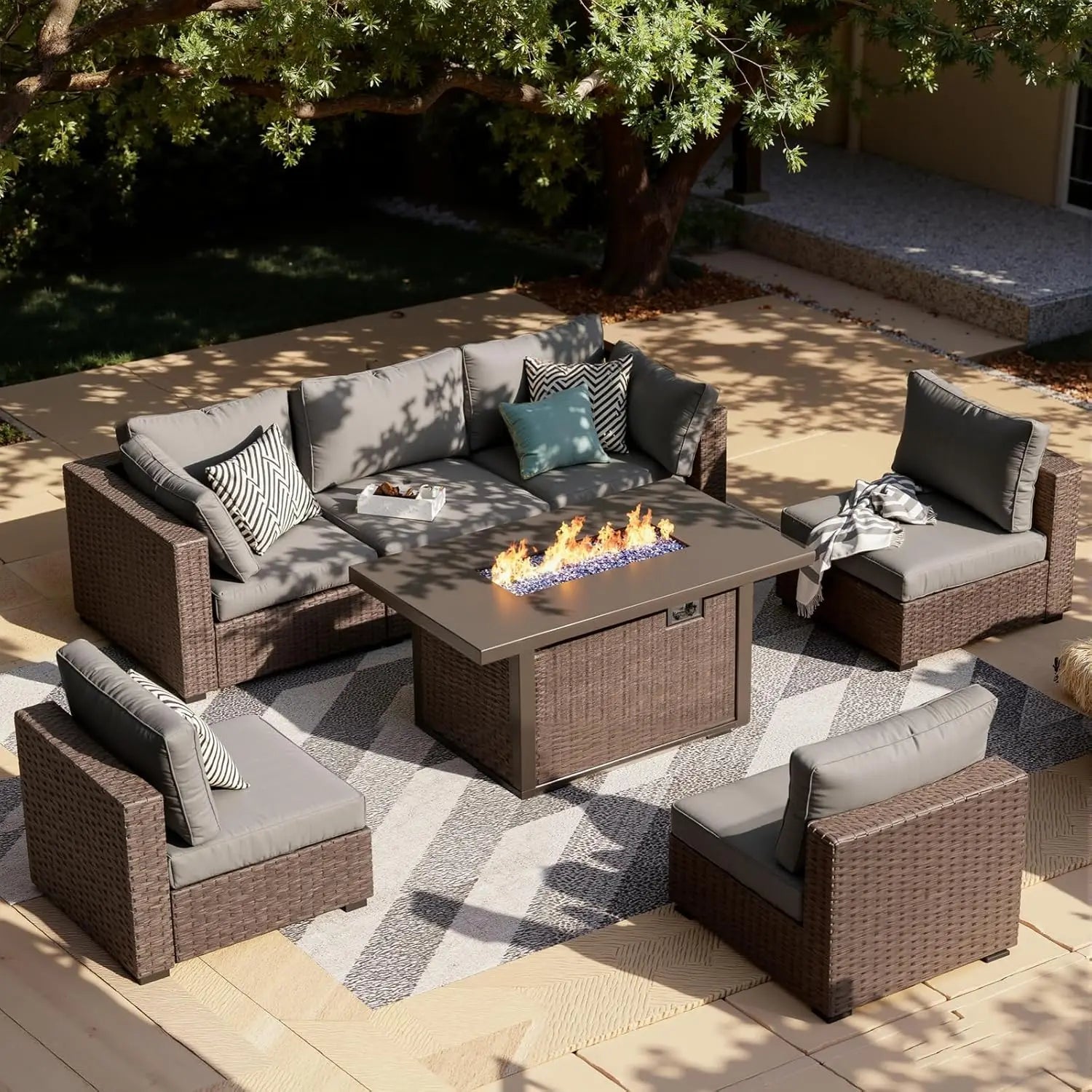 7-Pieces Patio Furniture Sets Outdoor Sectional Sofa with 44'' Propane Rattan Wicker Firepit Table,