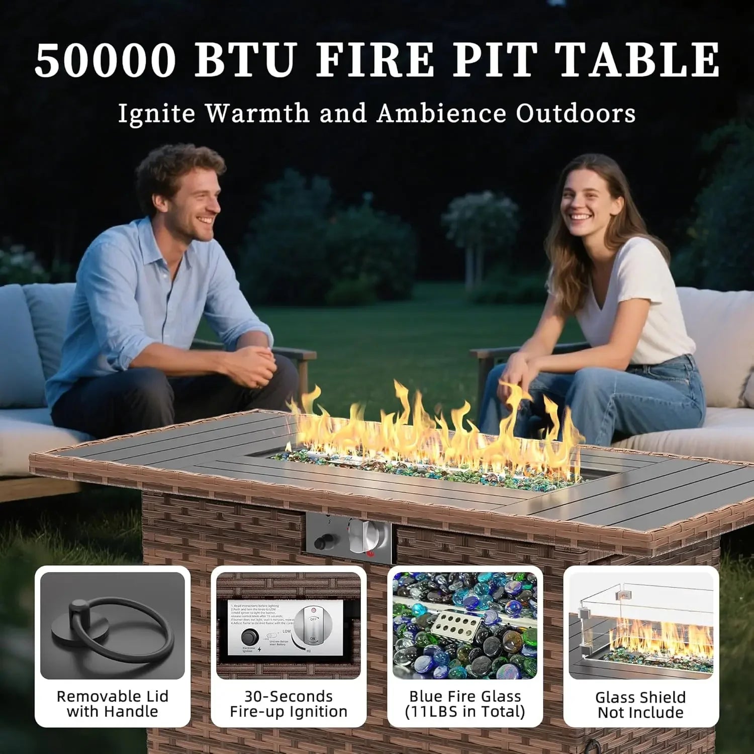 Furniture Set with Fire Pit Table, 8 Piece Sectional Sofas, All-Weather Wicker