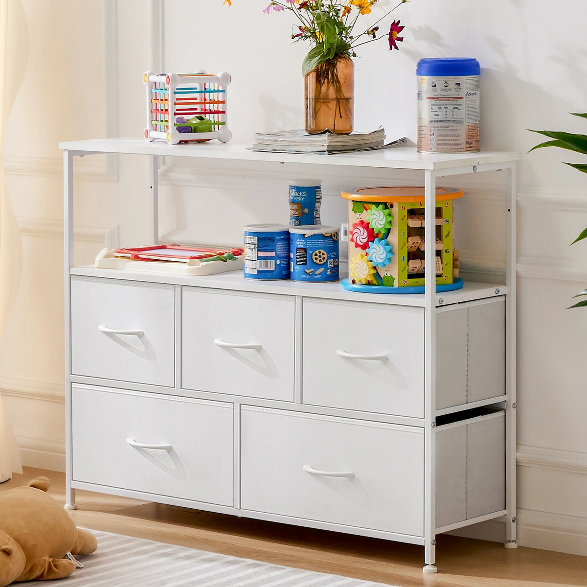 Fireplace TV Stand Dresser For Bedroom With 5 Fabric Drawers Storage Chest