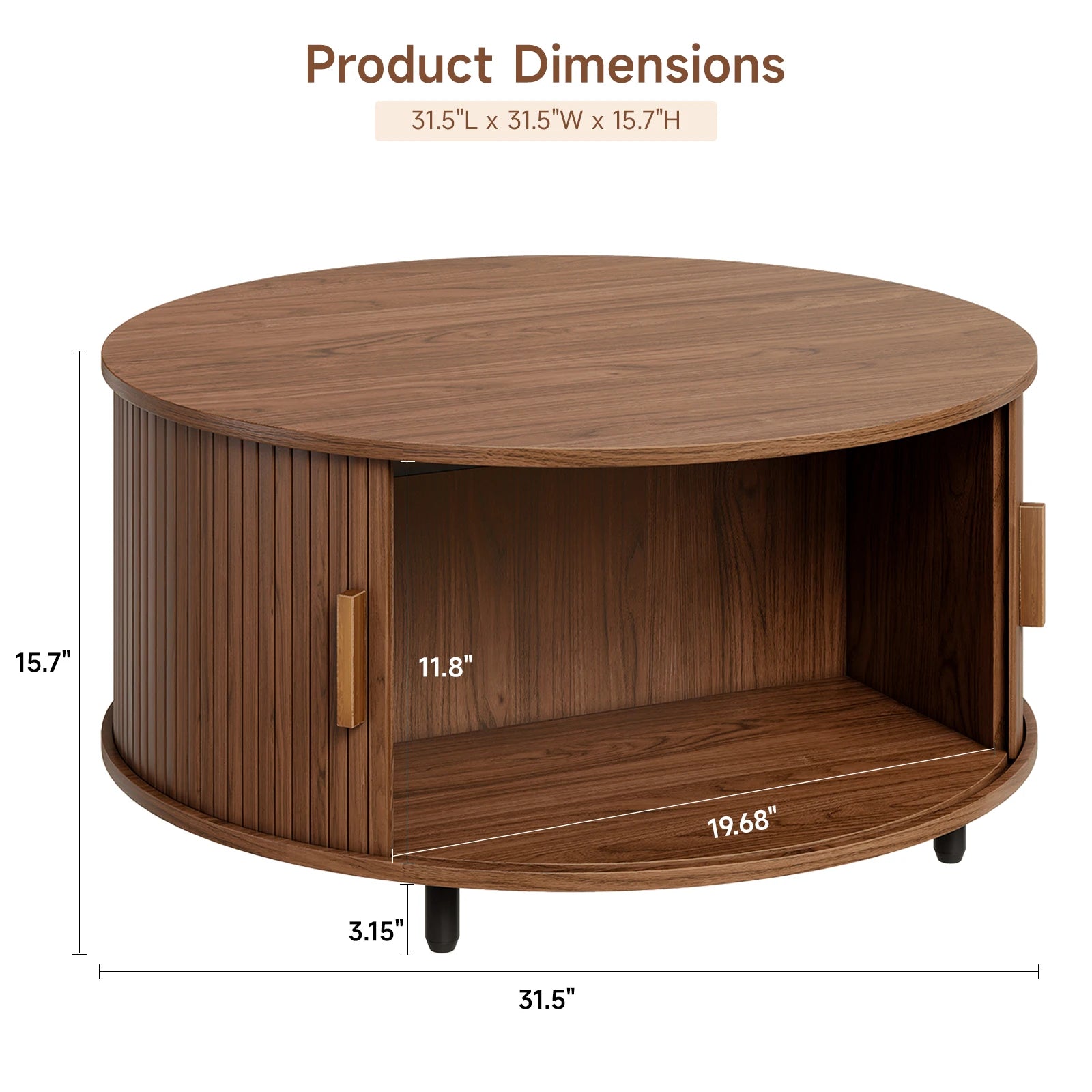 Round Coffee Table with Storage,31.5" Coffee Table with 360° Curved Sliding Door,