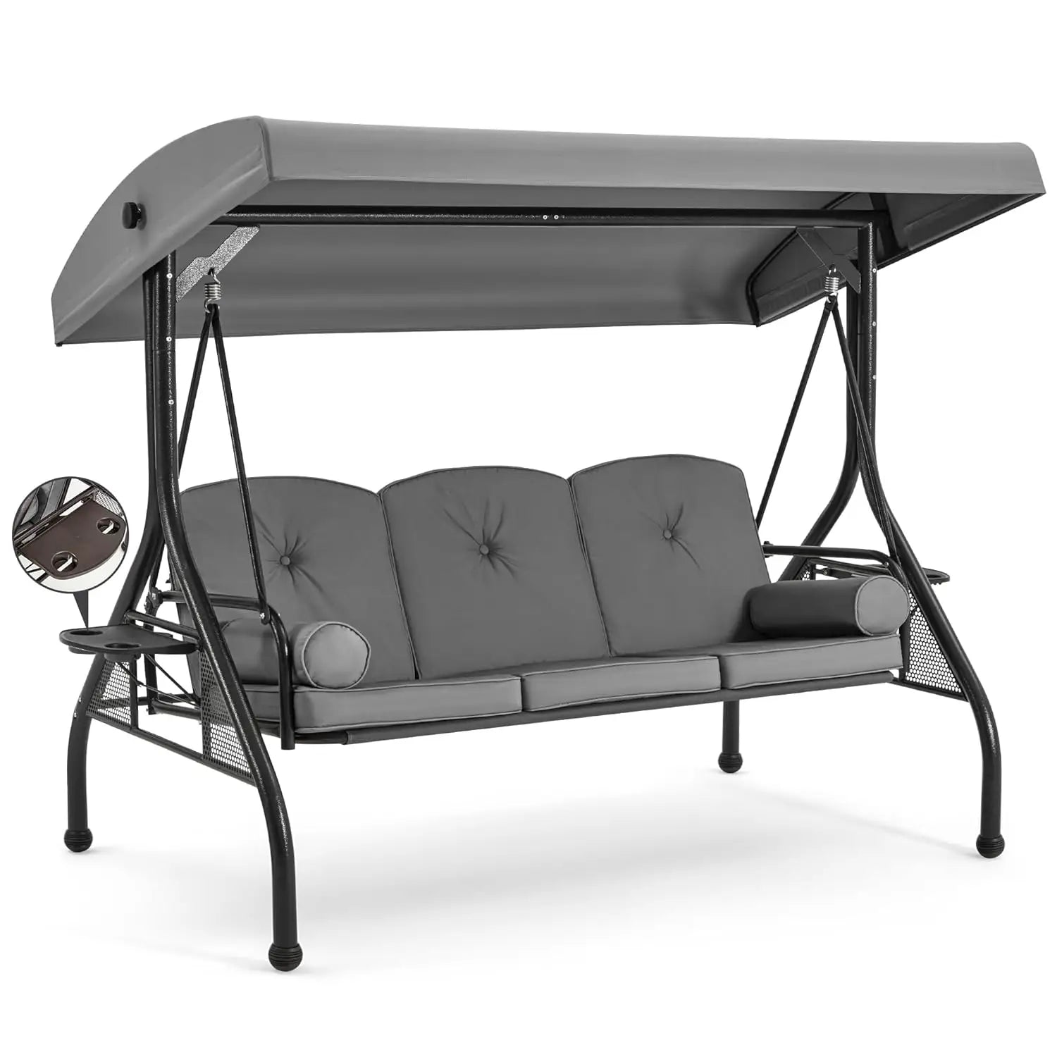 3 Seat Outdoor Porch Swing Bed Adjustable Canopy Convertible Patio Glider Cup Holder Cushions Pillow Backyard Customized