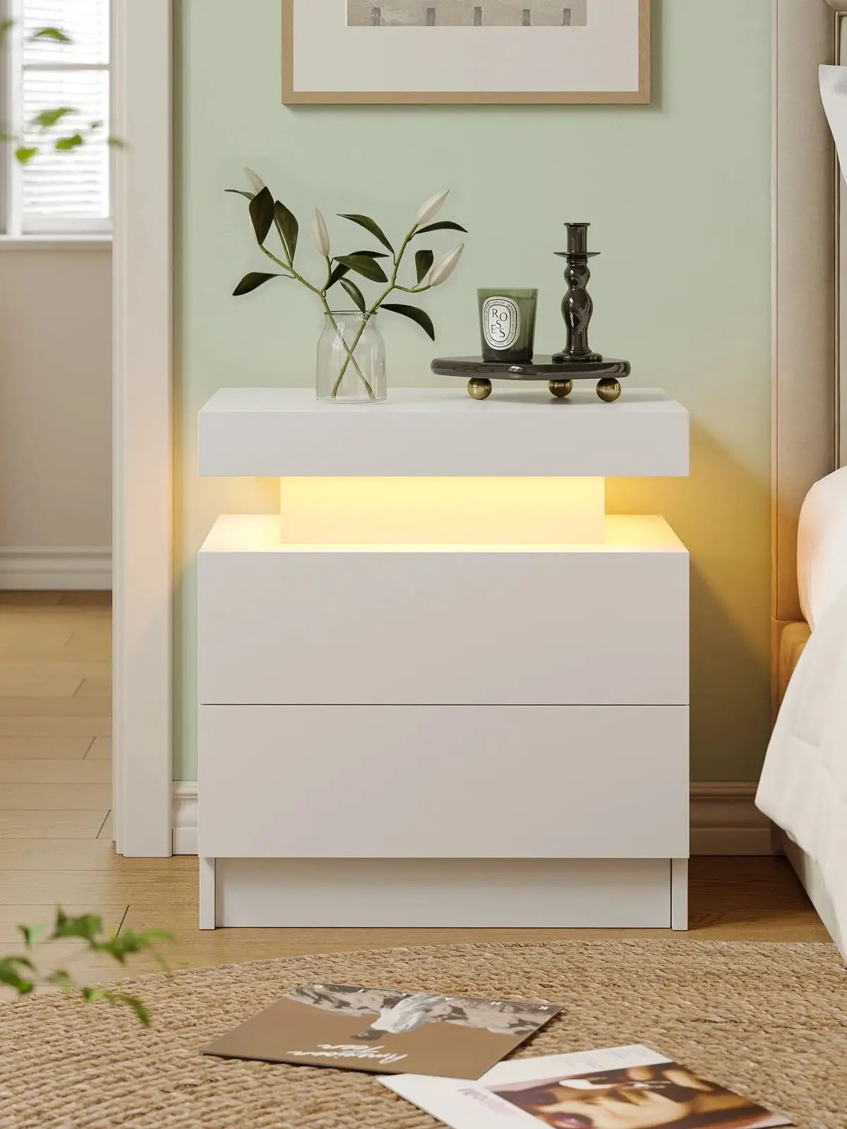 Cube LED Nightstands with 2 Drawers, End Table with RGB LED Lights for Bedroom Living Room, White Bedside Table