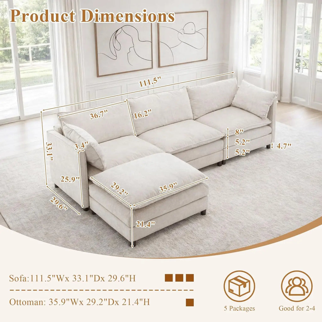 108" L Shaped Couch, Modular Sectional Sofa, Chenille Cloud Couch with Movable Ottoman, 3 Deep Seat Small Sectional,