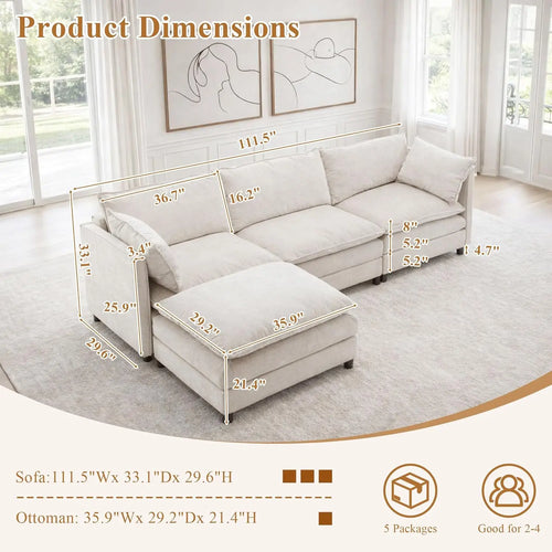 108" L Shaped Couch, Modular Sectional Sofa, Chenille Cloud Couch with Movable Ottoman, 3 Deep Seat Small Sectional,