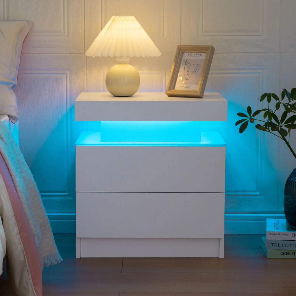 Cube LED Nightstands with 2 Drawers, End Table with RGB LED Lights for Bedroom Living Room, White Bedside Table