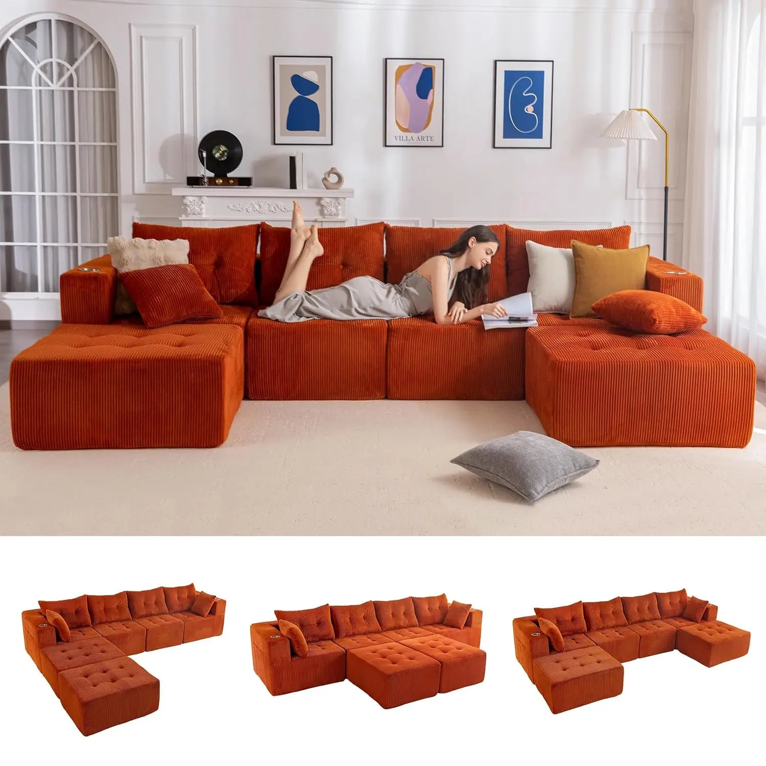 129.5" U Shaped Modular Sectional Sofa with 2 Ottomans Tufted Cloud 6 Seat Sleeper