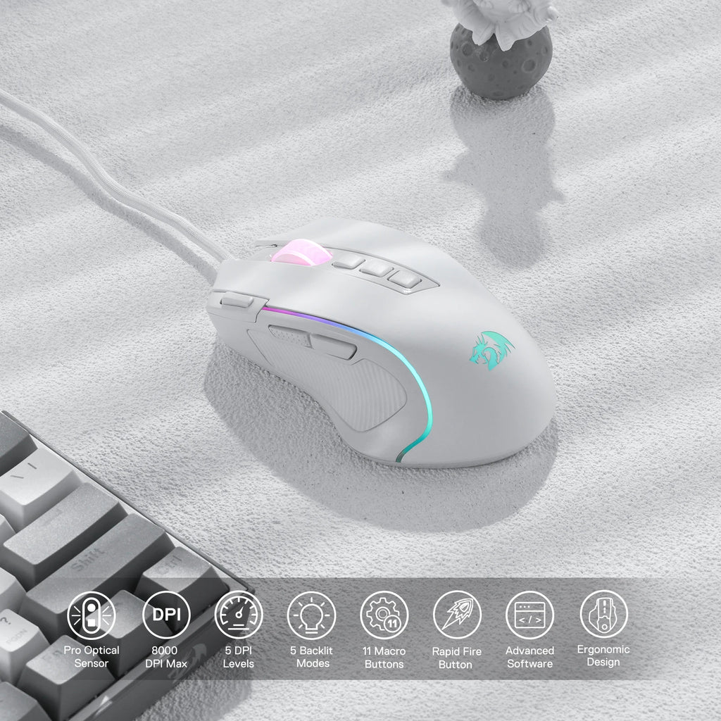 RGB Gaming Mouse 8000 DPI Wired Optical with 11 Programmable Buttons, White