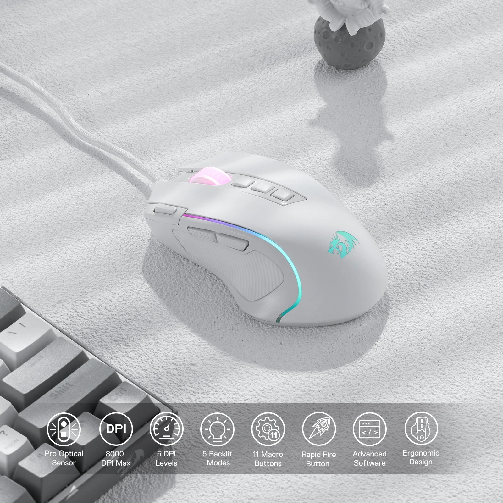 RGB Gaming Mouse 8000 DPI Wired Optical with 11 Programmable Buttons, White