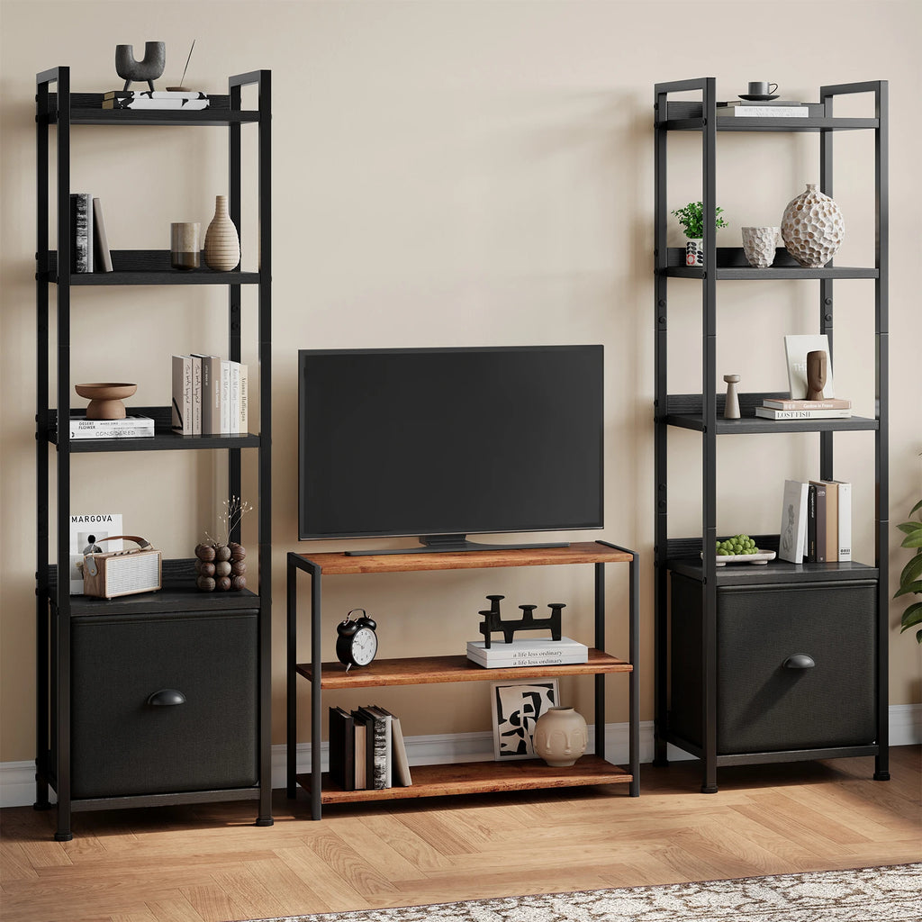 4-5 Tier Bookshelf with Fabric Drawer Standing Open Book Shelf Organizer Wood and Metal Storage Shelf Organizer in Living Room Bedroom